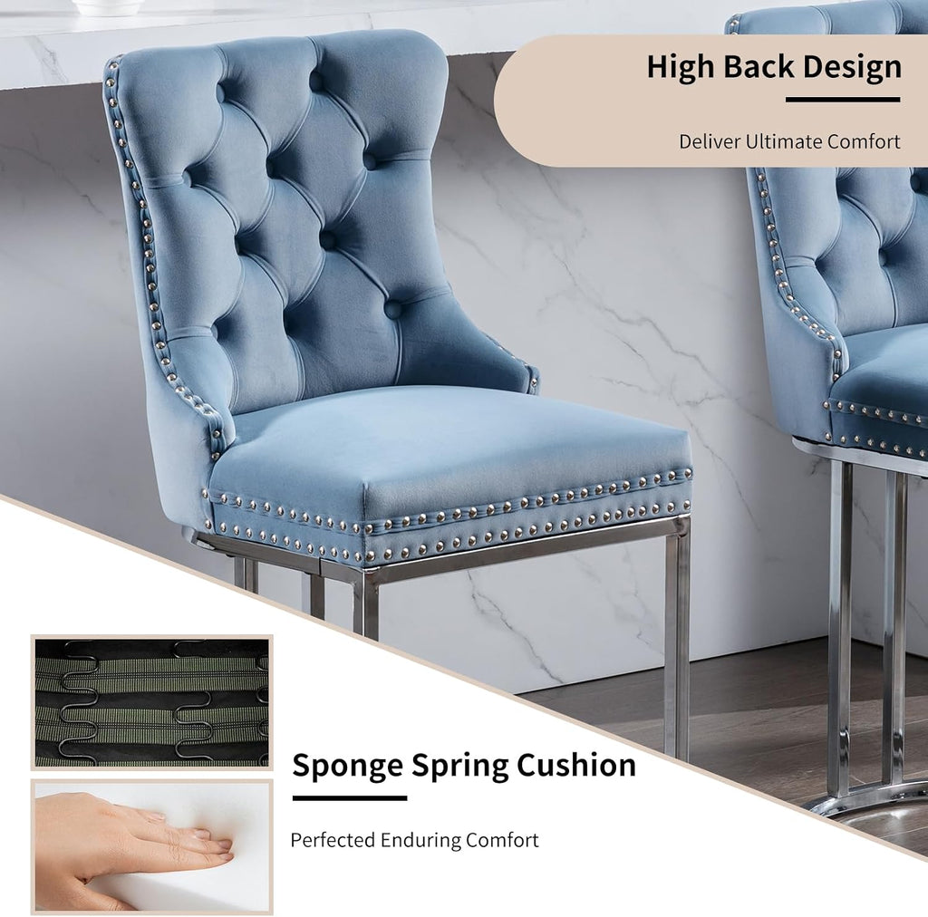 25' Counter Height Bar Stools Set of 6, Velvet Counter Stools for Kitchen Island, Tufted High Chair with Backs, Fabric Upholstered Modern Barstools for Pub Cafe, Chromed Metal Legs (Blue, 6Pcs)