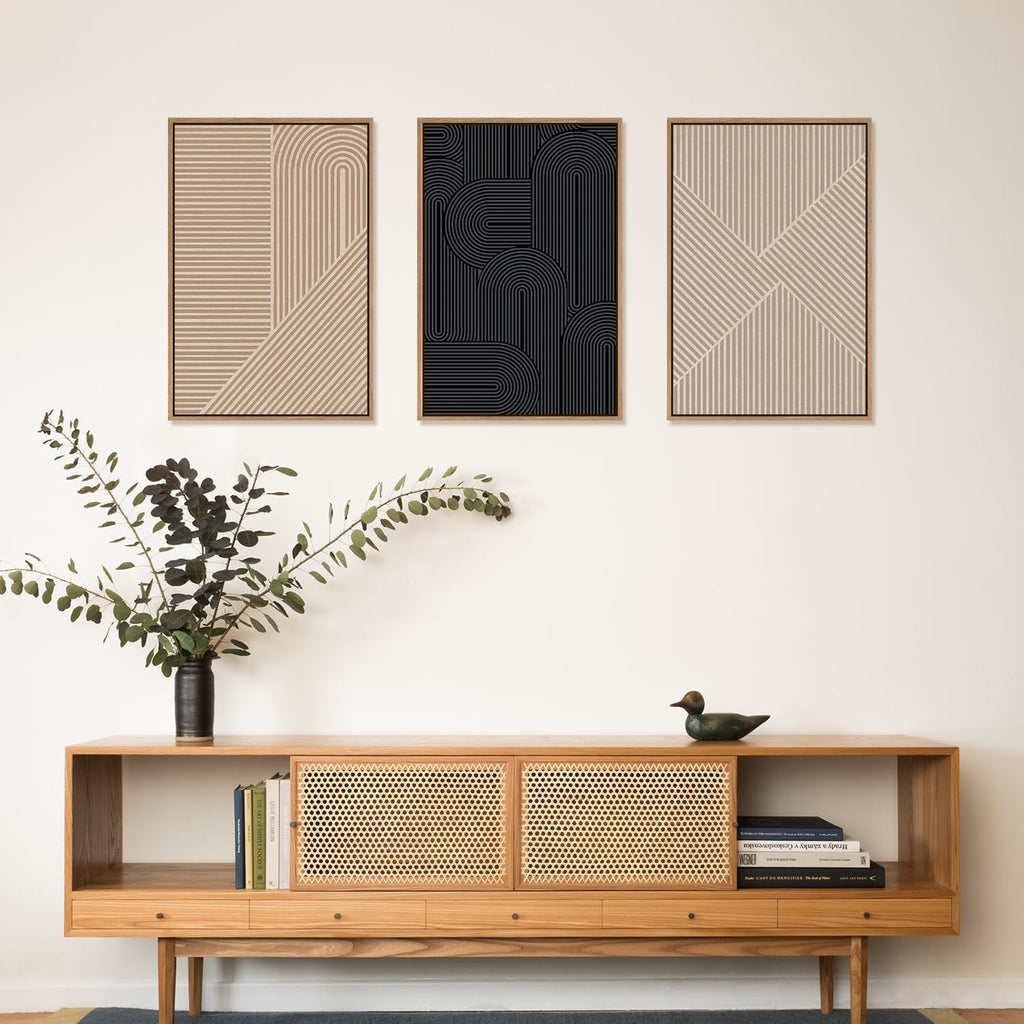 LHIUEM Large Abstract Textured Line Framed Canvas Wall Art,Boho Beige Black Wall Decor,Modern Neutral Minimalist Art Painting Painting for Living Room,Bedroom,Dining Room,Office -24'x36'x3