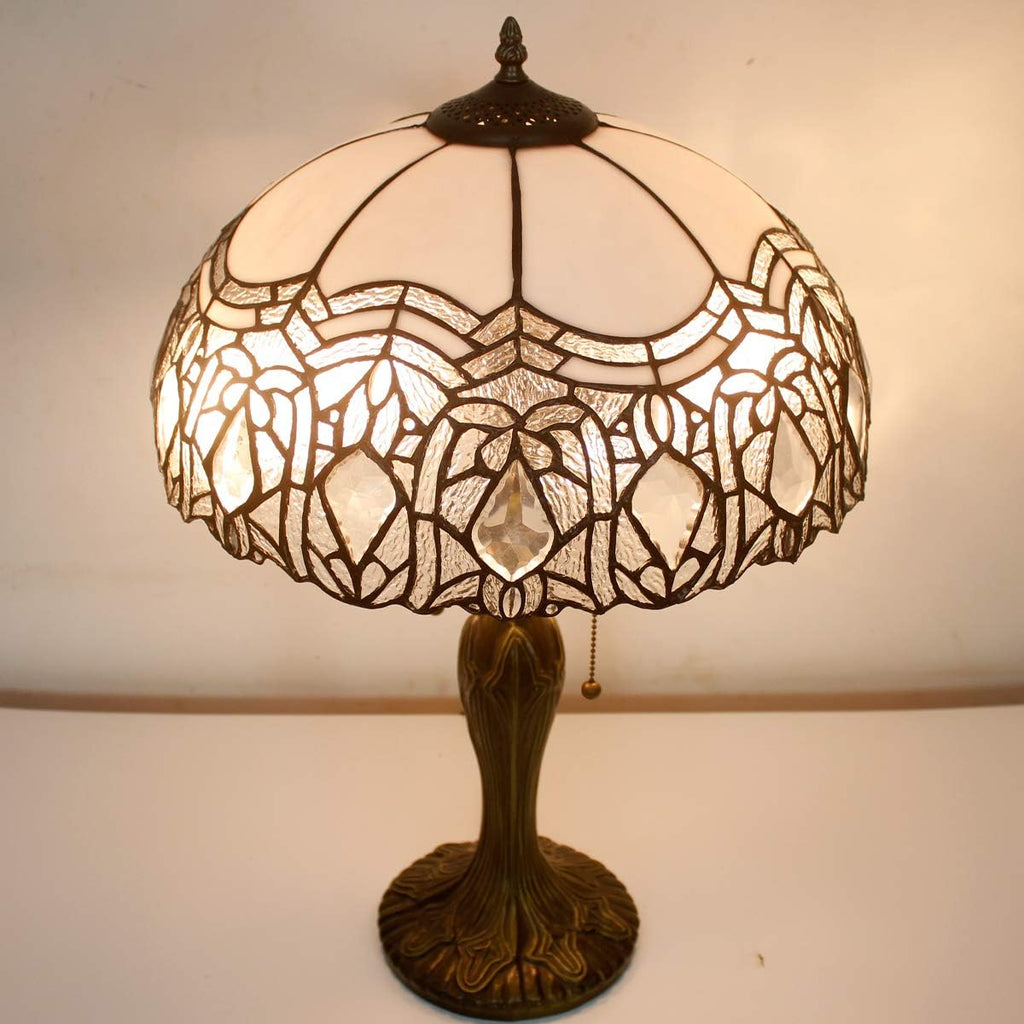 WERFACTORY Tiffany Style Table Lamp White Stained Glass Crystal Bedside Lamp 16X16X24 Inch Desk Reading Light Metal Base Decor Bedroom Living Room Home Office S508W Series