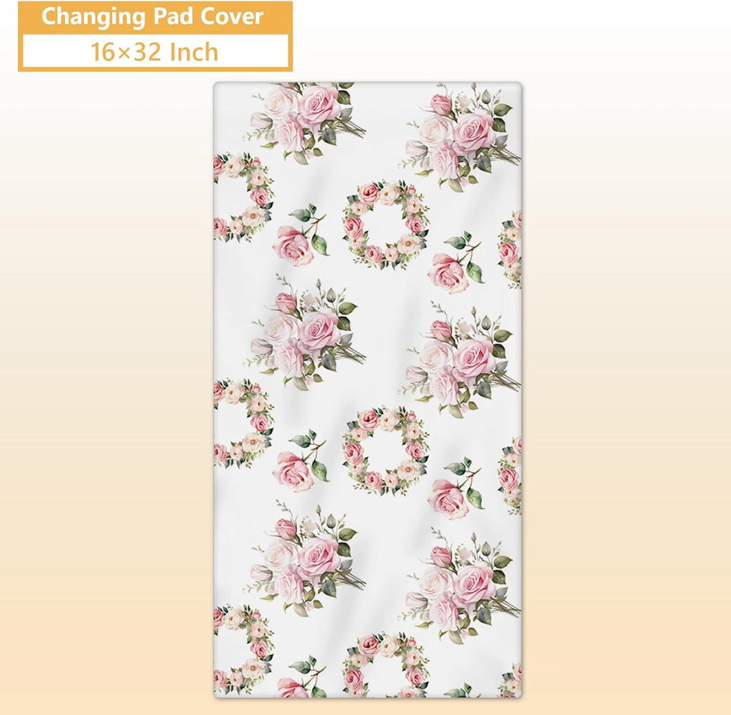 Terwex Custom Crib Bedding Set - 5 Pcs Personalized Name Pink Flowers Baby Crib Set for Infant Toddler Girl - Comfortable Double Layer Nursery Bedding Set - Customized Present for Birthday Baby Shower