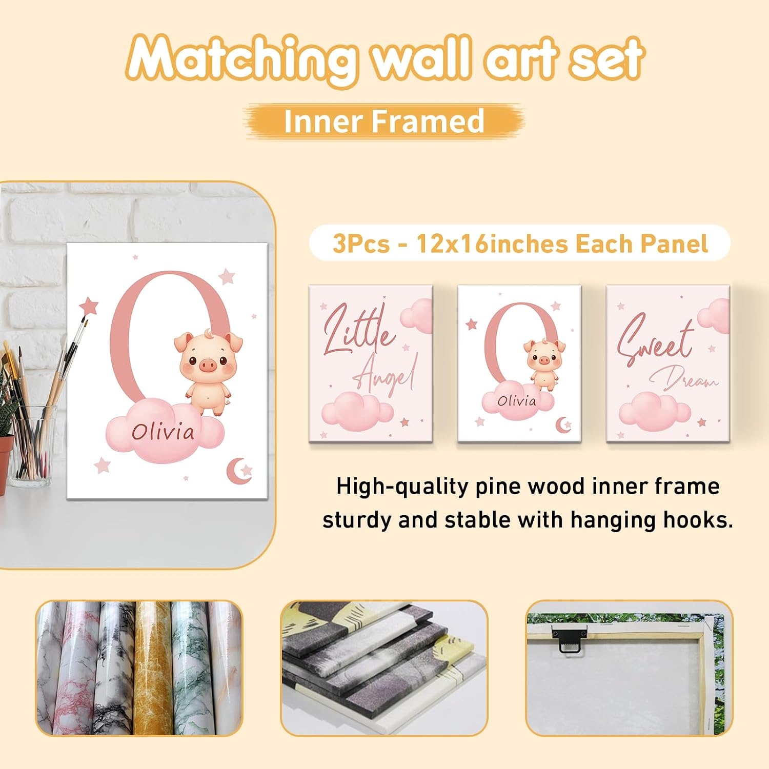 Terwex Custom Baby Bedding Set, 5 Pcs Personalized Baby Crib Sets with Name, Toddler Bedding Set for Baby Girls Boys, Pink Pig Double Layer Nursery Bedding Set, Customized Gift for Infant New Parents