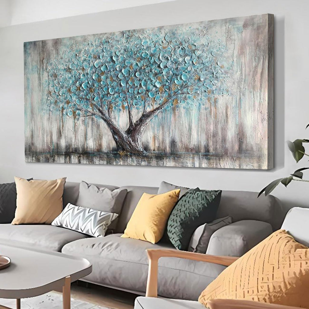 Arjun Tree Wall Art Canvas for Living Room Blue Tree of Life Nature Teal Abstract Textured Painting Picture Modern Panoramic Landscape Artwork Framed Bedroom Home Office Decor, Extra Large 58'x29'