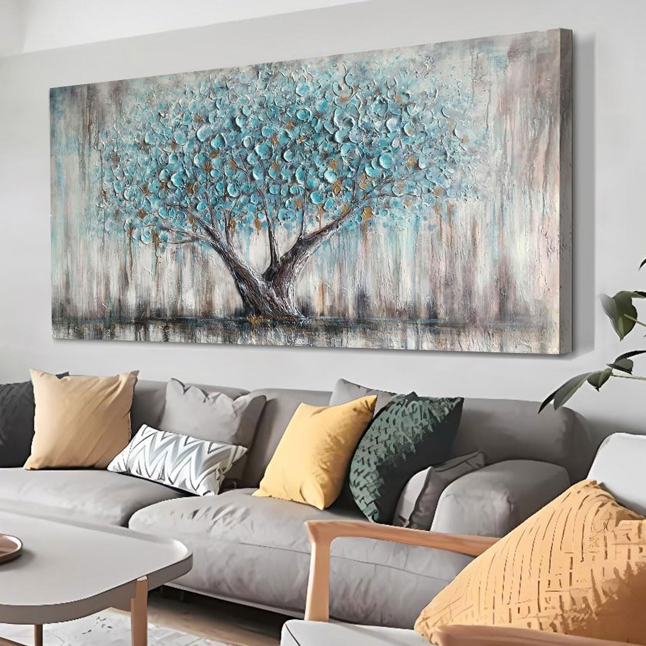 Arjun Tree Wall Art Canvas for Living Room Blue Tree of Life Nature Teal Abstract Textured Painting Picture Modern Panoramic Landscape Artwork Framed Bedroom Home Office Decor, Extra Large 58'x29'