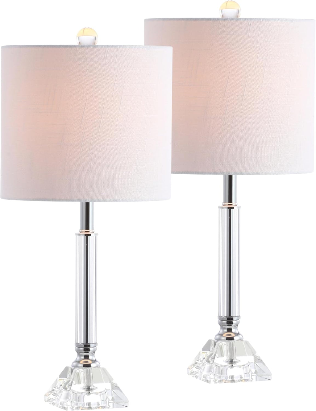 JONATHAN Y 19.5' Clear Crystal Table Lamp Set of 2 for Bedroom, Modern Glam Chrome and Glass Column Nightstand Lamps for Living Room, White Linen Shade, LED Bulbs Included JYL2078A-SET2