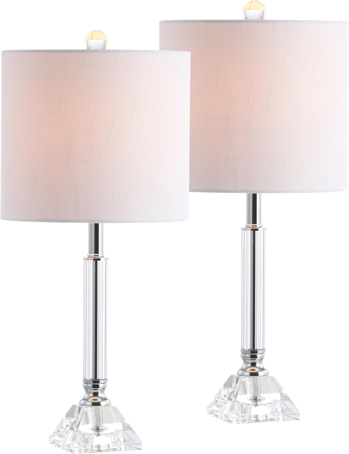 JONATHAN Y 19.5' Clear Crystal Table Lamp Set of 2 for Bedroom, Modern Glam Chrome and Glass Column Nightstand Lamps for Living Room, White Linen Shade, LED Bulbs Included JYL2078A-SET2