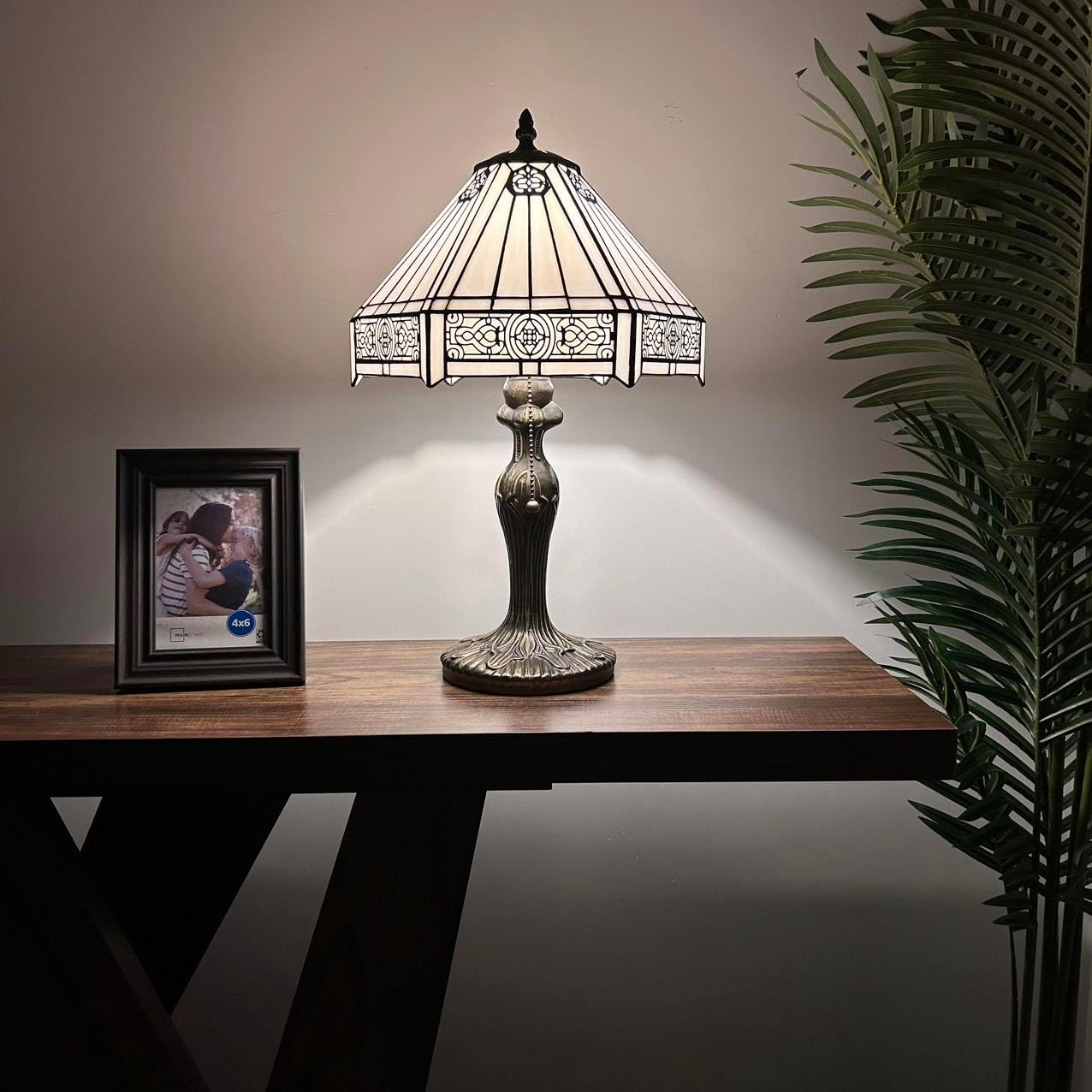 Tiffany Table Lamp White Stained Glass Hexagon LED Bulb Included for Living Room Bedroom Bedside 12'W*12' D*19' H