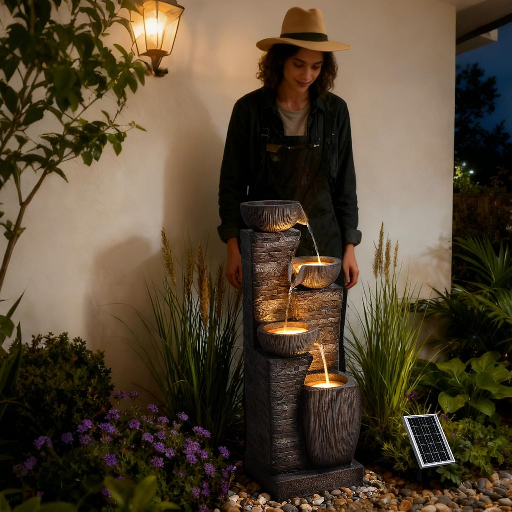38.2' Tall Solar Powered Water Fountain for Outdoor,4 Tiers Modern Cascading Bowls and Stacked Stones Solar Fountains with LED Lights for Garden, Patio, Deck, Backyard and Home Art Decor