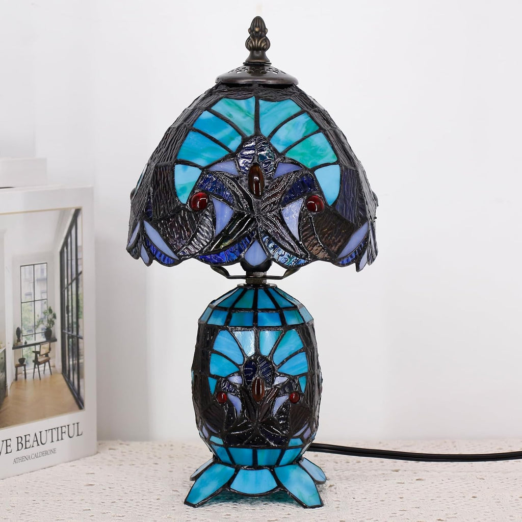 Small Tiffany Lamp Stained Glass Table Lamp Mini Mother Daughter Vase Desk Accent Light for Bedroom Bedside Reading Home Antique Style Decor 8X14 Inches (Green)