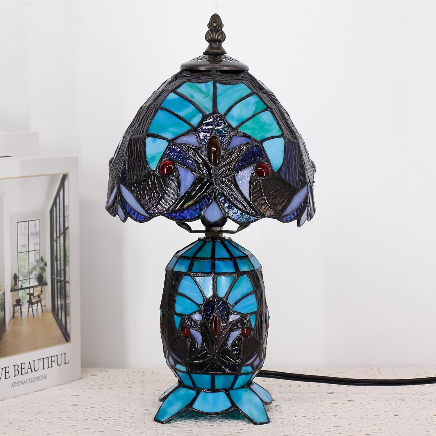 Small Tiffany Lamp Stained Glass Table Lamp Mini Mother Daughter Vase Desk Accent Light for Bedroom Bedside Reading Home Antique Style Decor 8X14 Inches (Green)