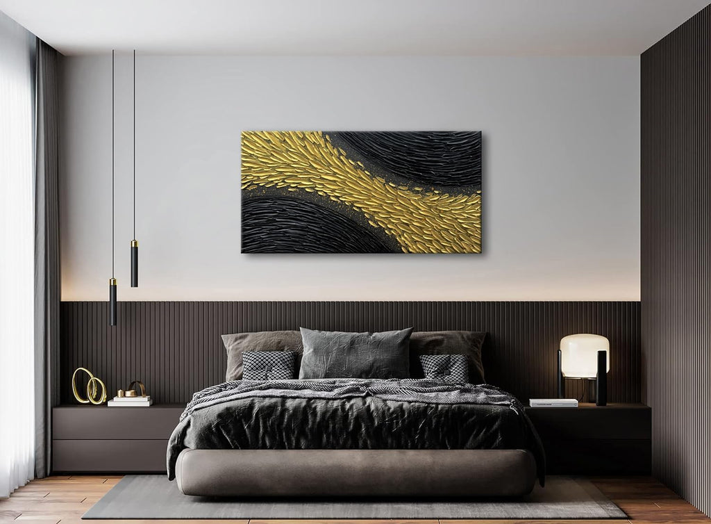 Slyart Black and Gold Wall Art, Large Gold Texture Abstract Art, Contemporary Art Oil Painting, 24'x48' Modern Home Decor for Living Room Bedroom