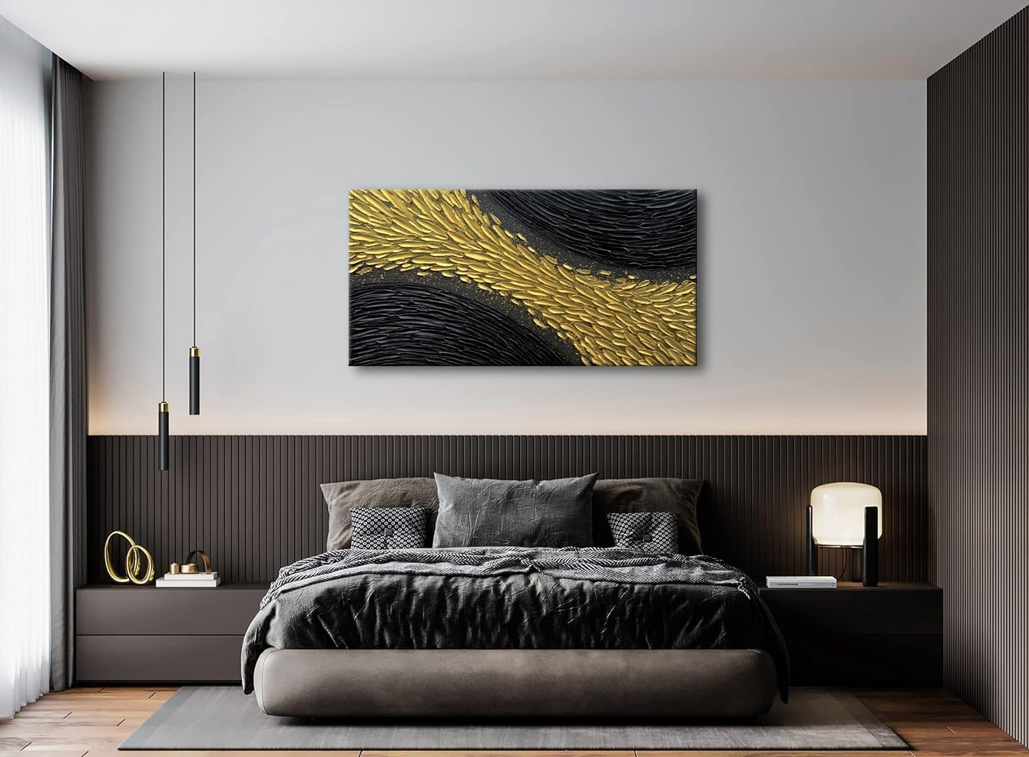 Slyart Black and Gold Wall Art, Large Gold Texture Abstract Art, Contemporary Art Oil Painting, 24'x48' Modern Home Decor for Living Room Bedroom