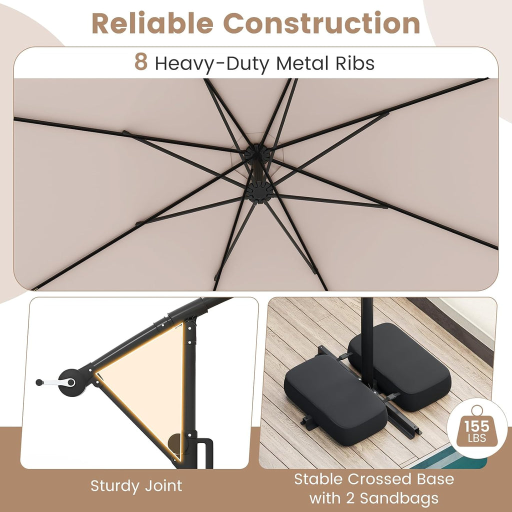 Tangkula 10 FT Solar Patio Umbrella with Base Included, Cantilever Offset Hanging Outdoor Umbrella with 96 Multi-Colored Flowing LED Lights, 9 Modes, Tilt Adjustment, 360° Rotation, Crank for Pool Yard Deck Lawn (Beige)