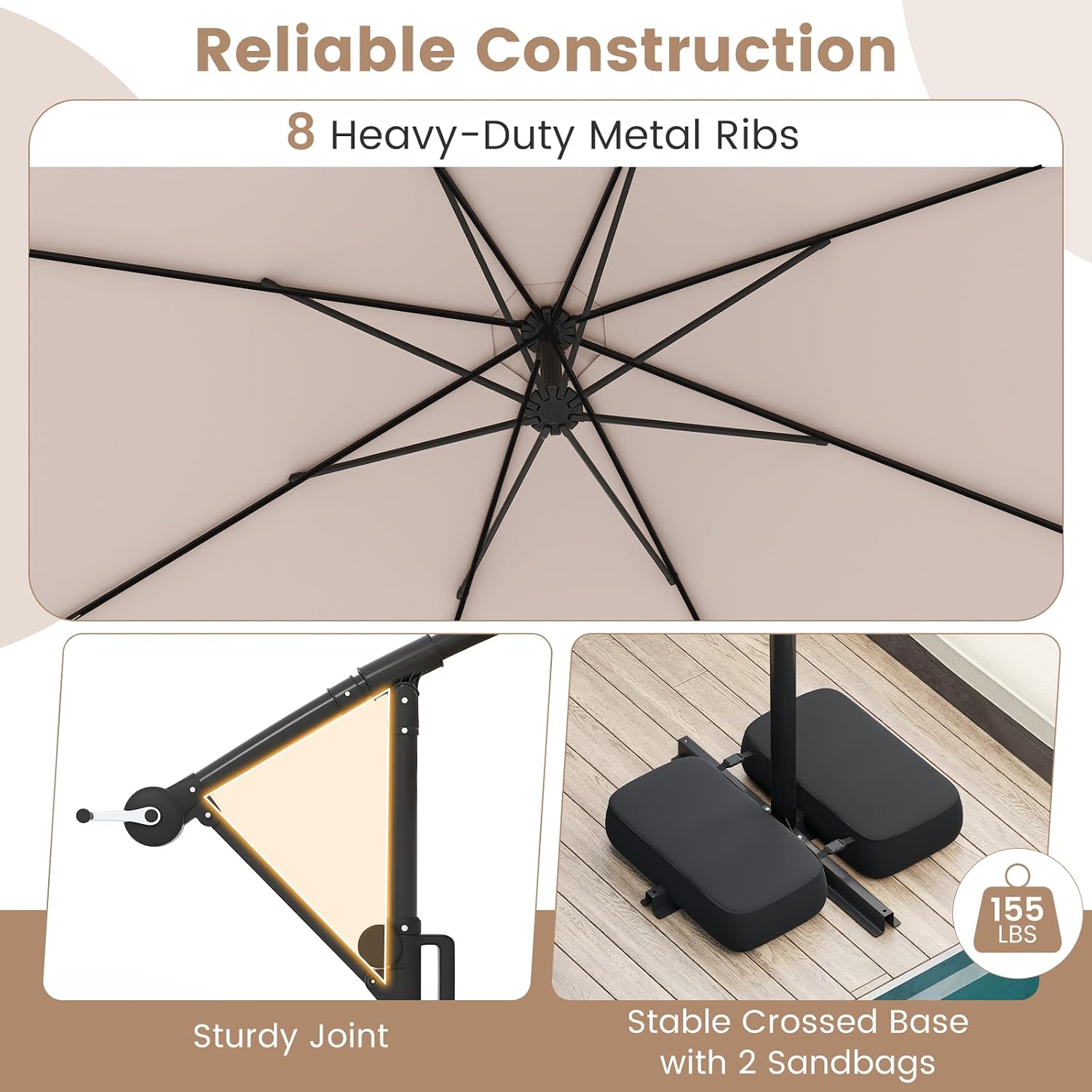 Tangkula 10 FT Solar Patio Umbrella with Base Included, Cantilever Offset Hanging Outdoor Umbrella with 96 Multi-Colored Flowing LED Lights, 9 Modes, Tilt Adjustment, 360° Rotation, Crank for Pool Yard Deck Lawn (Beige)