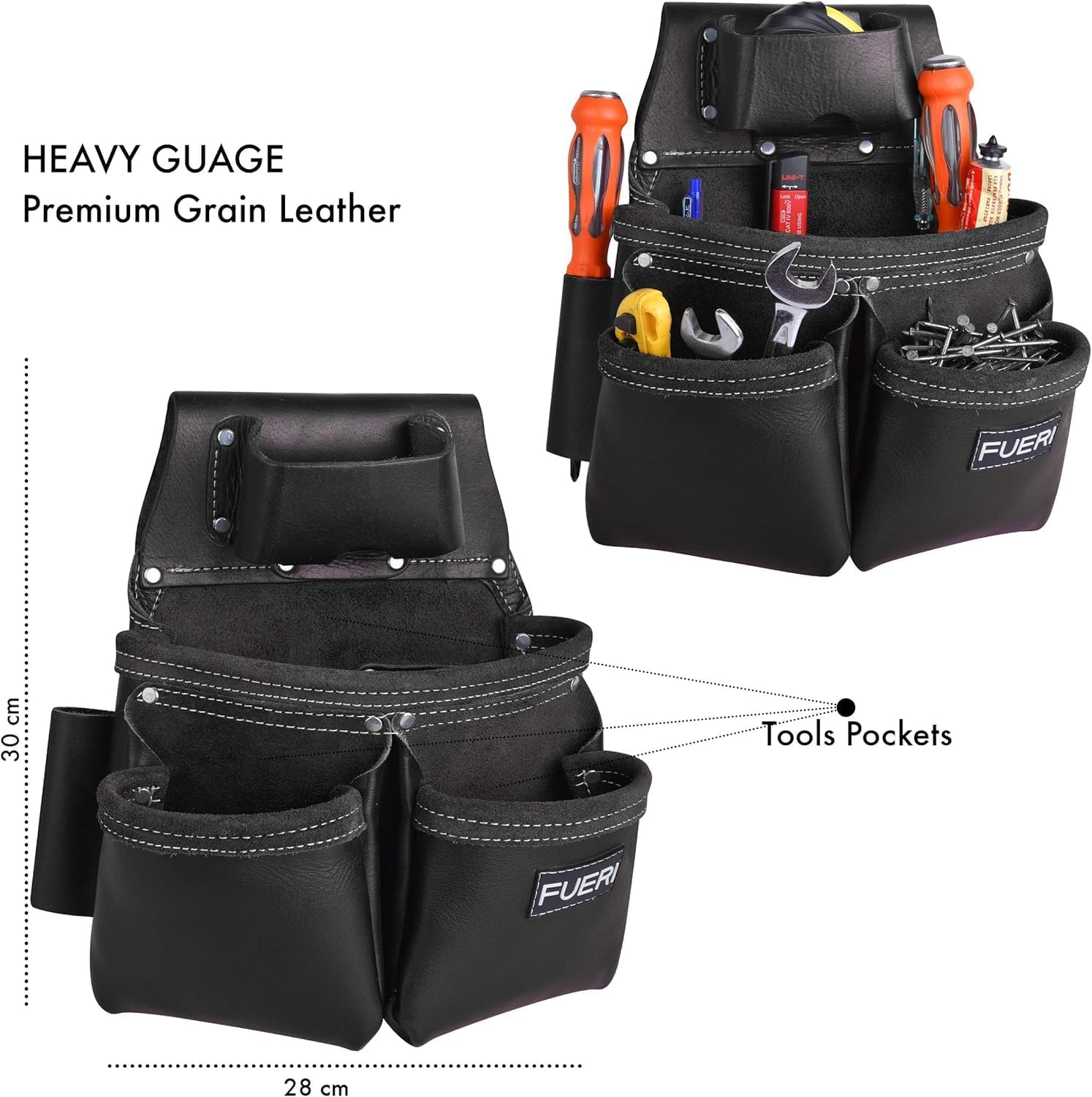 FUERI Leather Tool Belts with Suspender for Men, Heavy-Duty Durable Carpenter Tool Rig Organizer With 19 Pockets-2 Pouches, Padded Suspender, Hammer Holder, D-Loops & Foam-Padded Belt Electricians