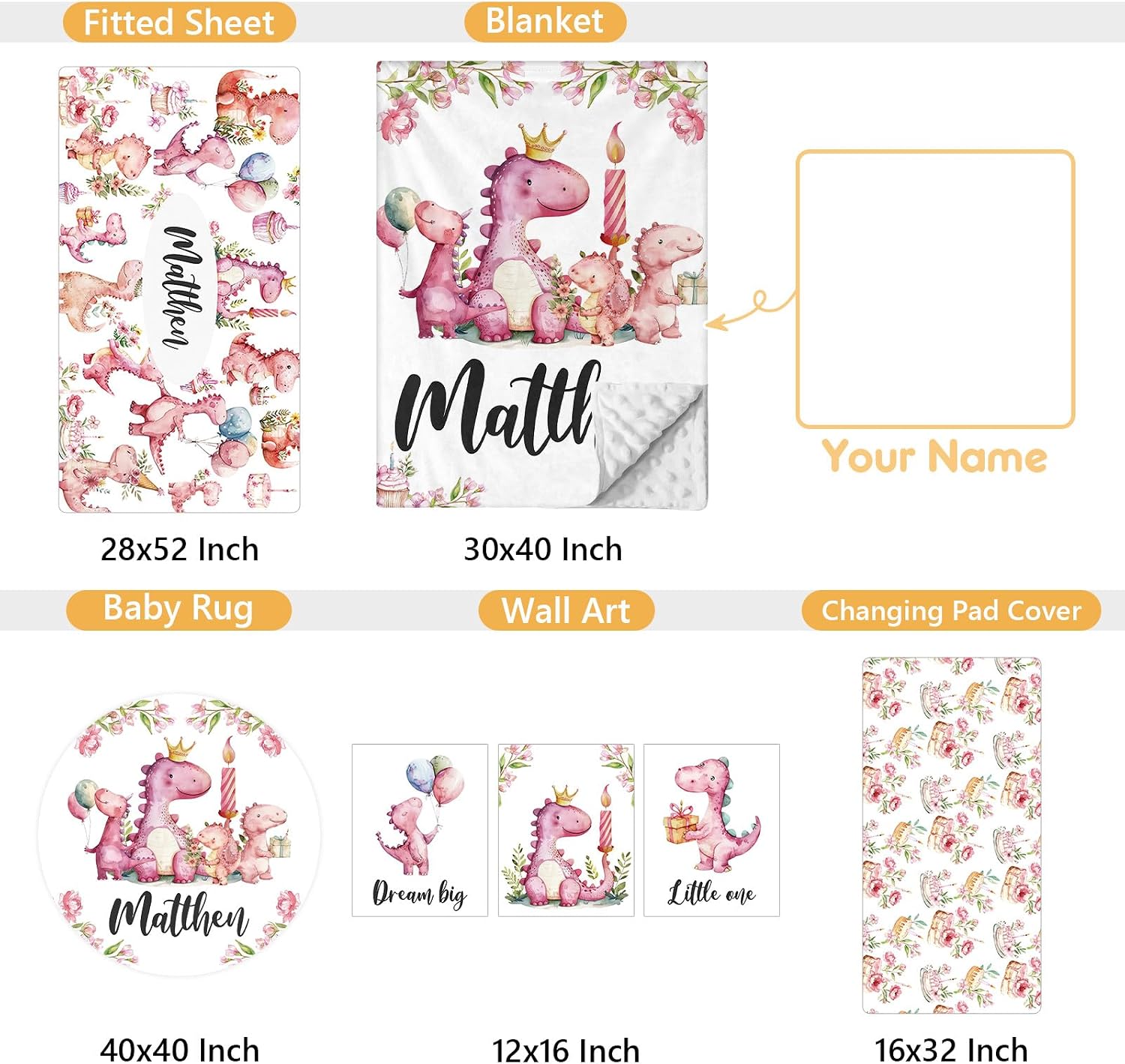 Terwex Custom Baby Crib Bedding Set - 5 Pcs Personalized Name Pink Dinosaurs Crib Set for Infants Toddlers Girls - Soft Double Layer Nursery Bedding Set - Customized Present for Birthday Baby Shower