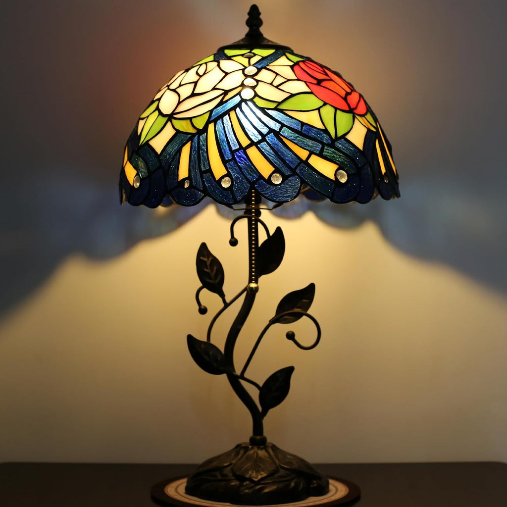 Tiffany Lamp Stained Glass Style Table Lamp Rose Style Bedside Desk Reading Light W12H19 Inch Metal Leaf Base with Metal Leaf Base
