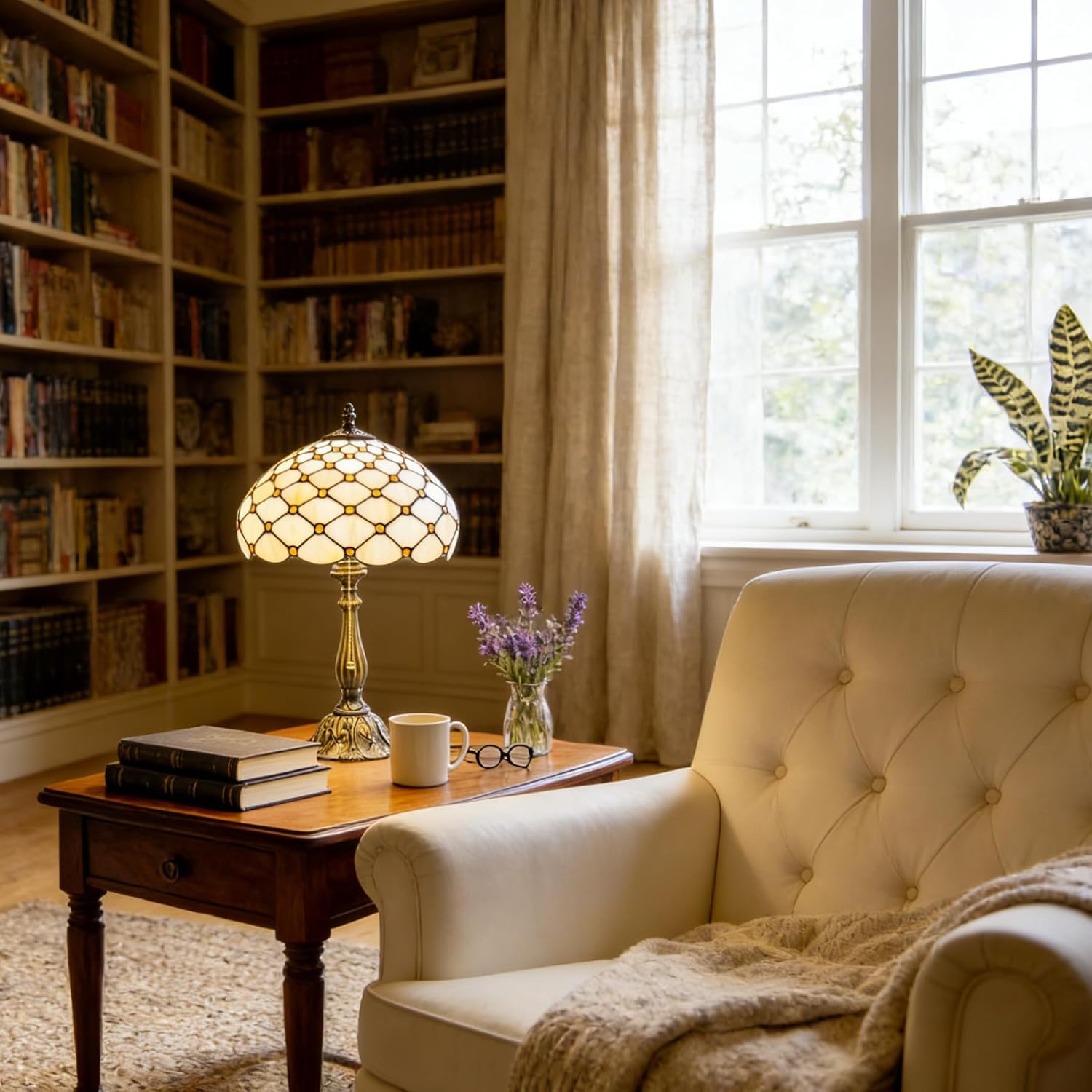 Tiffany Style Table Lamp, Amber White Bead Pearls Stained Glass Lamp with Antique Bronze Resin Base for Reading, Study, Bedside, Bedroom, Living Room, Office 12X12X19 Inch