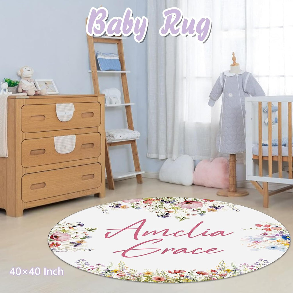 Custom Baby Crib Bedding Set, 5 PCS Personalized Name Baby Crib Sets for Girls Boys, Flower Theme Nursery Bedding Sets for Infant Toddler, Double Layer Flannel Bed Set Customized Gifts