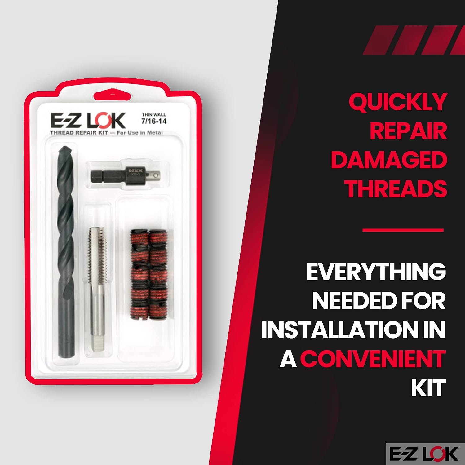 E-Z LOK EZ-310-7 Thread Repair Kit for Metal Carbon Steel Threaded Inserts 7/16-14 and Installation Tools