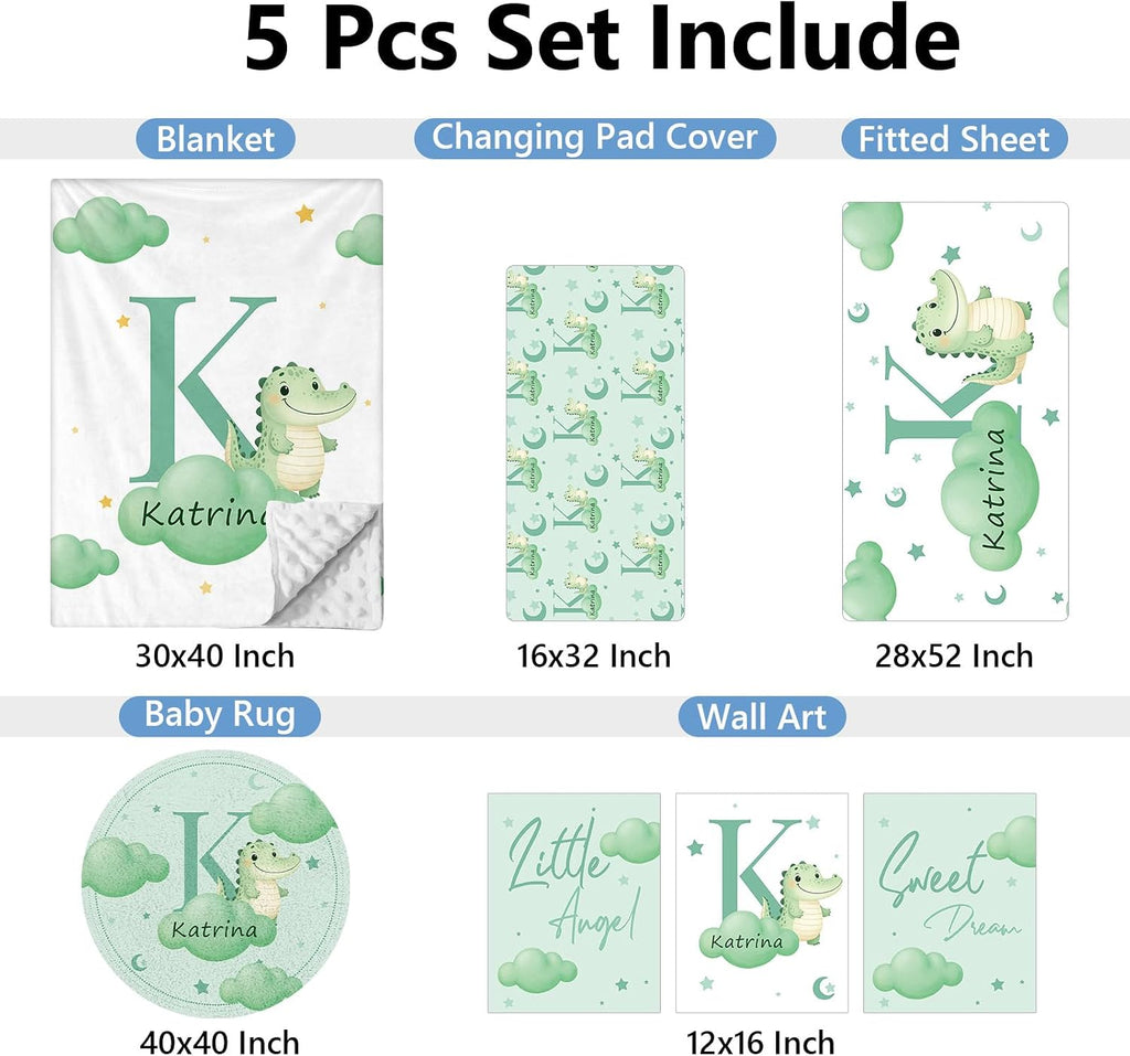 KAINSY Custom Crib Bedding Set, 5 Pcs Personalized Name Monogram Baby Crib Sets for Infants Toddlers, Green Alligator Nursery Bedding Set for Boys Girls, Soft Baby Bedding Sets Customized Gifts