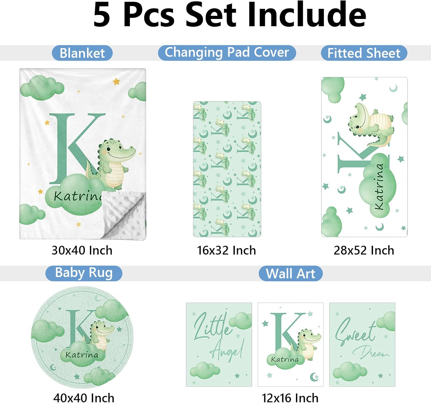 KAINSY Custom Crib Bedding Set, 5 Pcs Personalized Name Monogram Baby Crib Sets for Infants Toddlers, Green Alligator Nursery Bedding Set for Boys Girls, Soft Baby Bedding Sets Customized Gifts