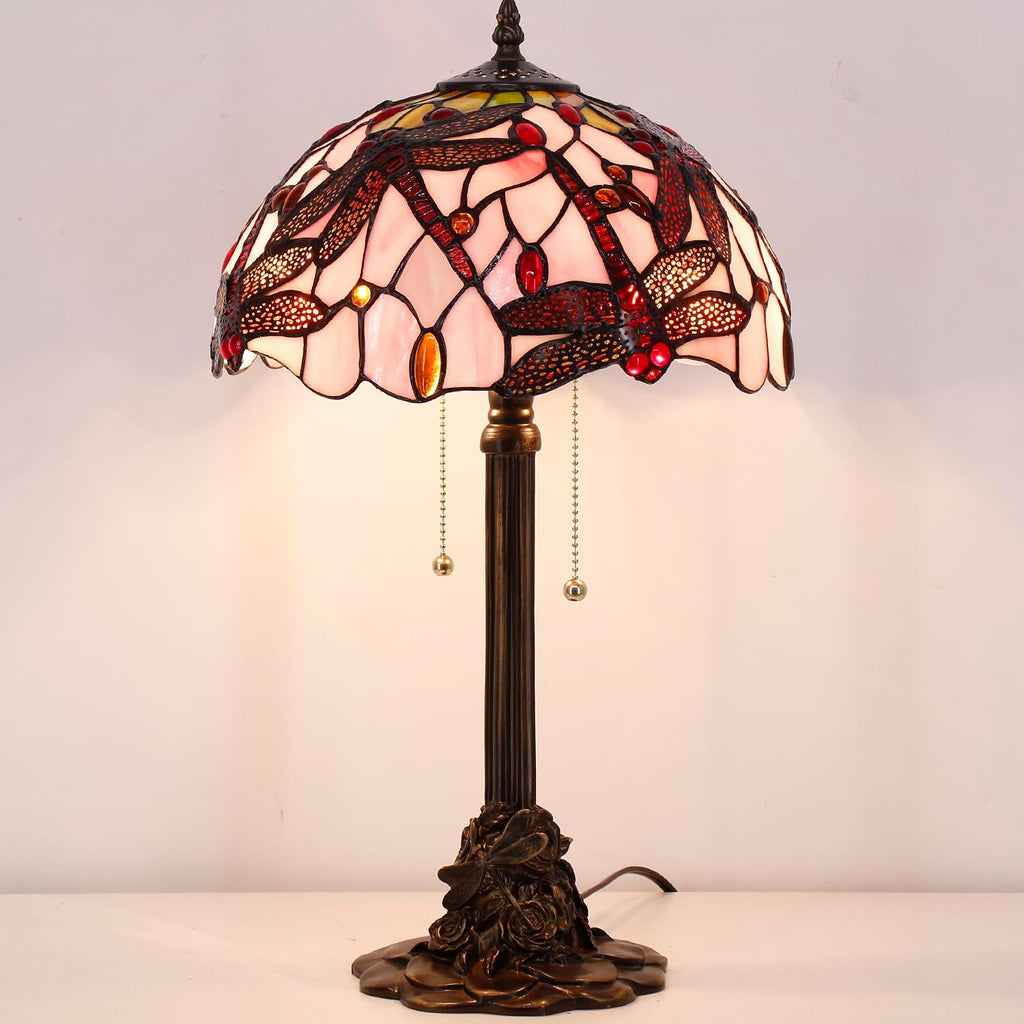 Tiffany Table Lamp Stained Glass Desk Lamp 12X12X21Inch Resin Base for Bedroom Living Room Reading Light (Pink Dragonfly)
