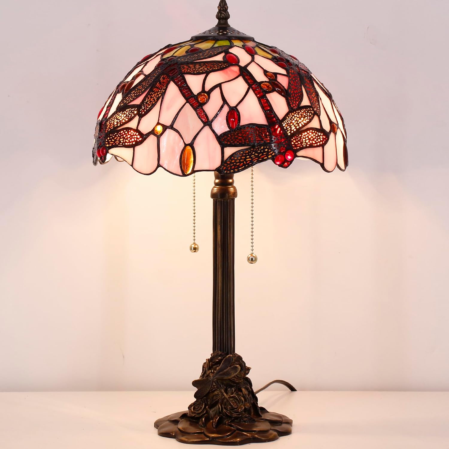 Tiffany Table Lamp Stained Glass Desk Lamp 12X12X21Inch Resin Base for Bedroom Living Room Reading Light (Pink Dragonfly)