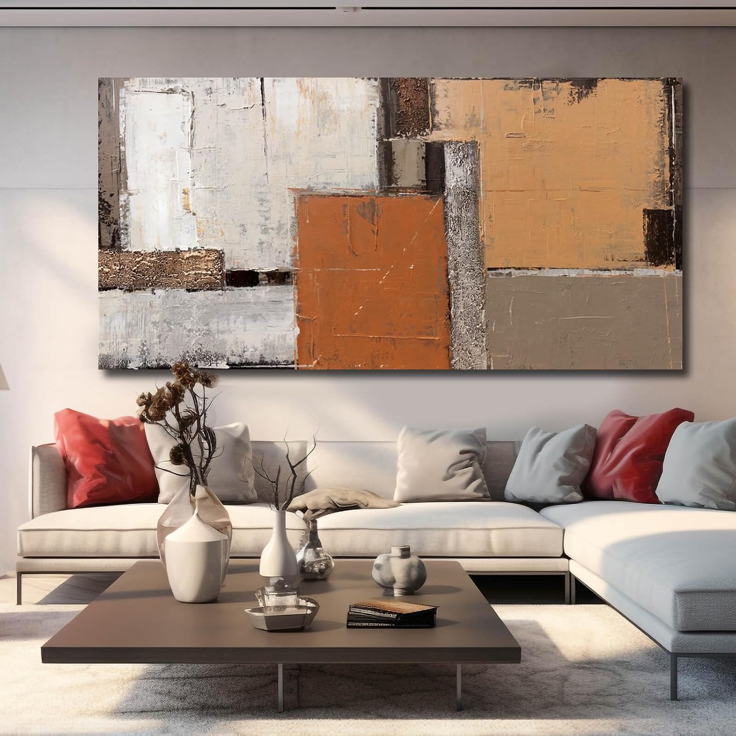 Artexist Orange Abstract Canvas Photo Prints Living Room White Artwork Brown Block Painting for Room 29'x 58' Office Wall Art Bedroom Hallway Decor