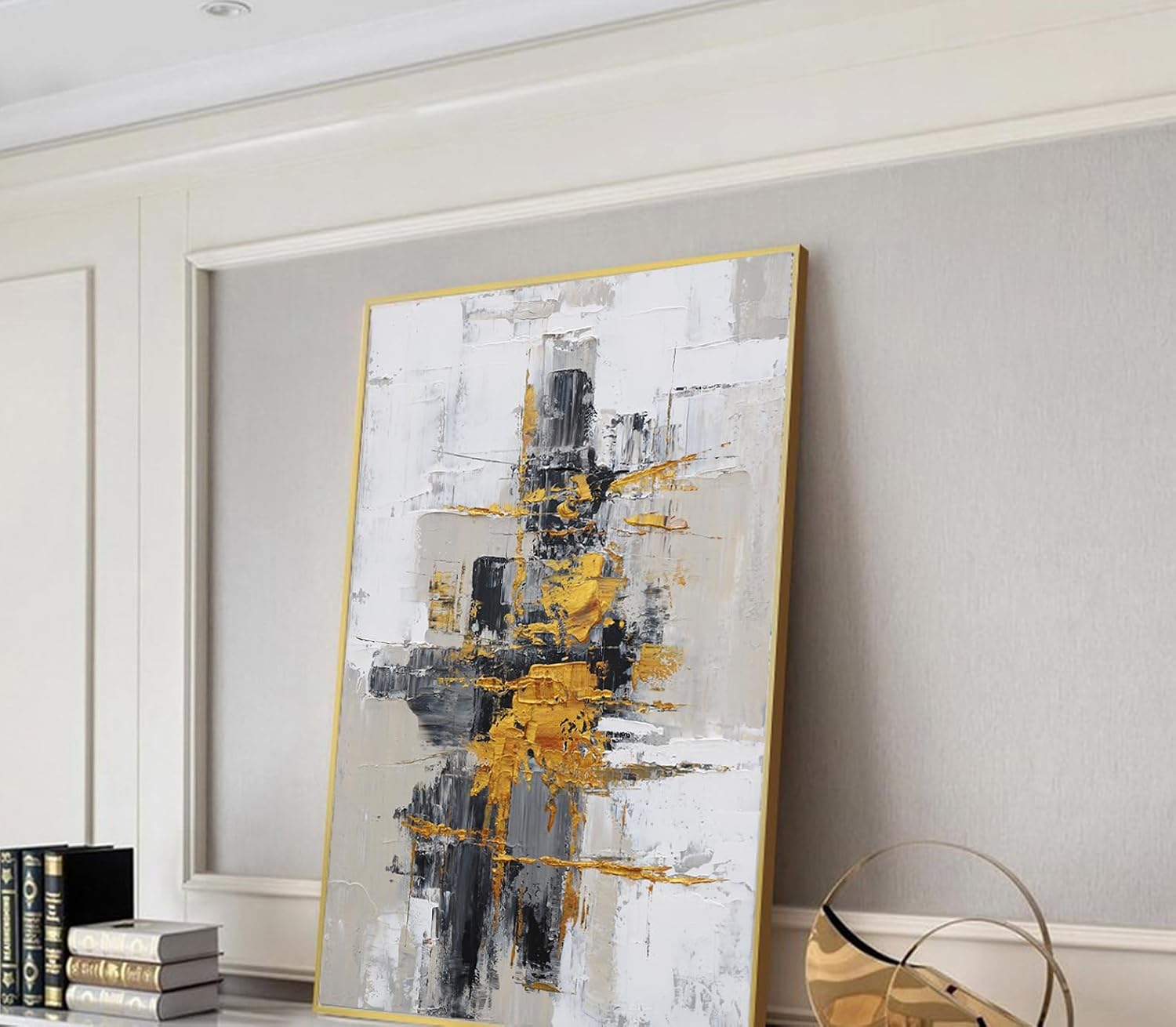 Hand-Painted Abstract Living Room Wall Art,Framed Large Black and White Canvas Oil Painting for bedroom,3D Gold Thick Textrued Abstract Wall Decor for Office Home Decoration 32x48 inches