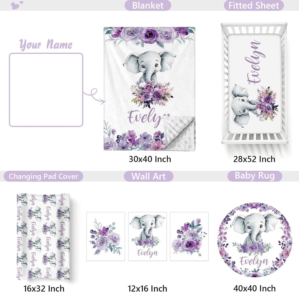 Personalized Baby Crib Bedding Set, 5 Pcs Custom Name Nursery Bedding Set for Girls Boys, Purple Elephant Baby Crib Set for Toddlers Infants, Double Layer Bedding Crib Sets Customized Gifts