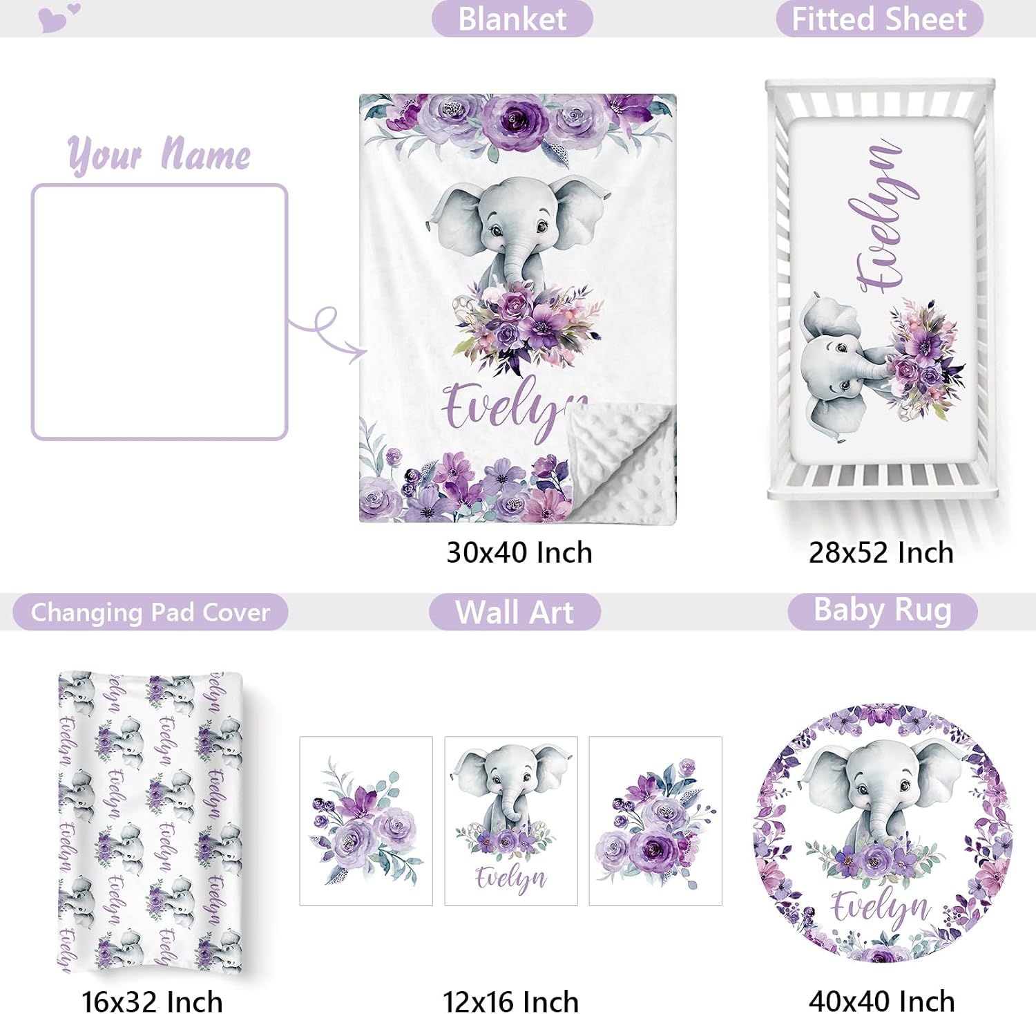 Personalized Baby Crib Bedding Set, 5 Pcs Custom Name Nursery Bedding Set for Girls Boys, Purple Elephant Baby Crib Set for Toddlers Infants, Double Layer Bedding Crib Sets Customized Gifts
