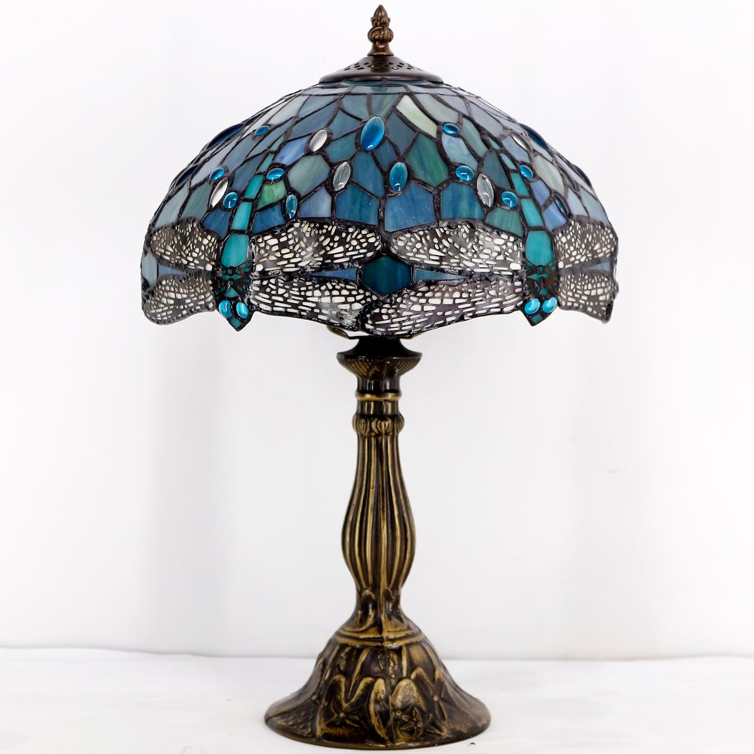 WERFACTORY Tiffany Lamp Sea Blue Stained Glass Table Lamp 12X12X18 Inches Dragonfly Style Desk Reading Light S147 Series