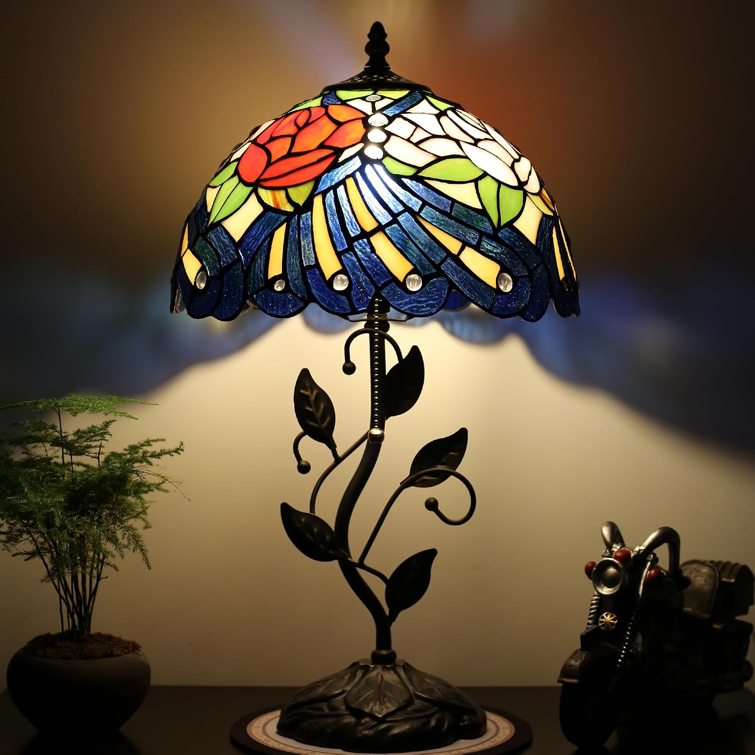 Tiffany Lamp Stained Glass Style Table Lamp Rose Style Bedside Desk Reading Light W12H19 Inch Metal Leaf Base with Metal Leaf Base