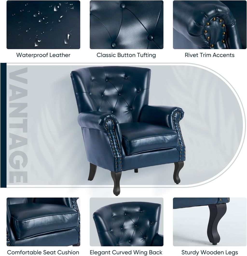 MOJAY PU Leather Accent Chair, Mid-Century Modern Armchair Living Room Club Chair with Tufted Button & Rivet Trim, Upholstered Sofa Chair with Sturdy Wood Legs for Bedroom (Navy)