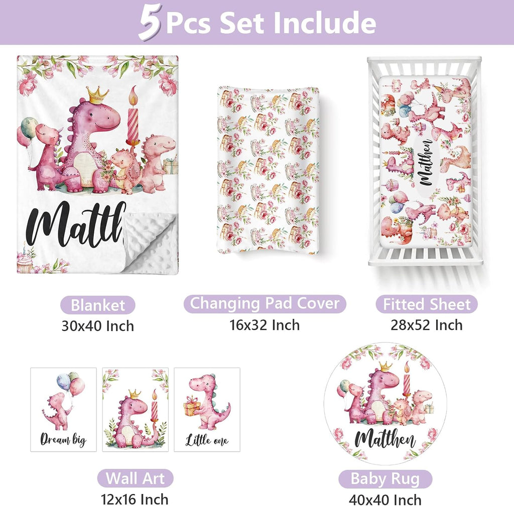 Custom Baby Crib Bedding Set, 5 PCS Personalized Name Baby Crib Sets for Girls Boys, Pink Dinosaur Theme Nursery Bedding Sets for Infant Toddler, Double Layer Flannel Bed Set Customized Gifts