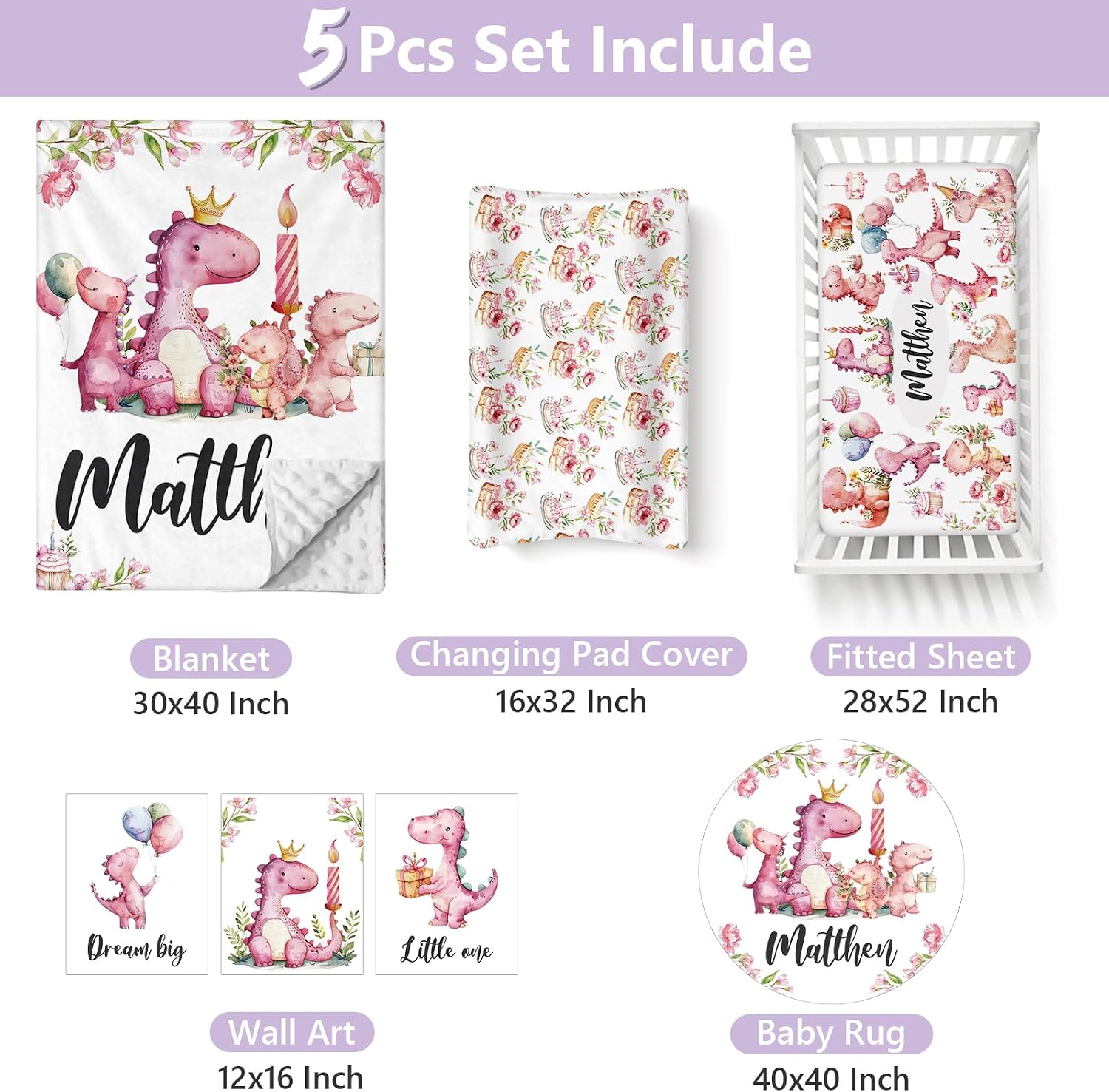 Custom Baby Crib Bedding Set, 5 PCS Personalized Name Baby Crib Sets for Girls Boys, Pink Dinosaur Theme Nursery Bedding Sets for Infant Toddler, Double Layer Flannel Bed Set Customized Gifts