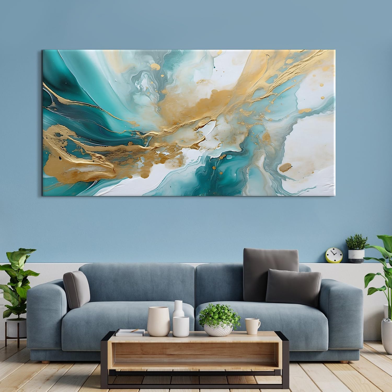 Extra Large Teal Abstract Wall Art Turquoise Wall Decor Living Room Wall Decor Modern Office Decor Marble Painting Teal and Gold Fluid Texture Prints Poster Artwork for Bedroom Decorations 35x70'