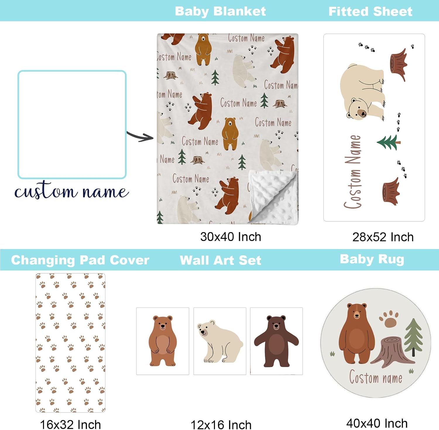 Personalized Baby Crib Bedding Set, Custom Name Nursery Bedding, Bear 5 Pcs Baby Bedding Set for Girl Boy, Double Layer Crib Set, Customized Gifts(Fixed Size)