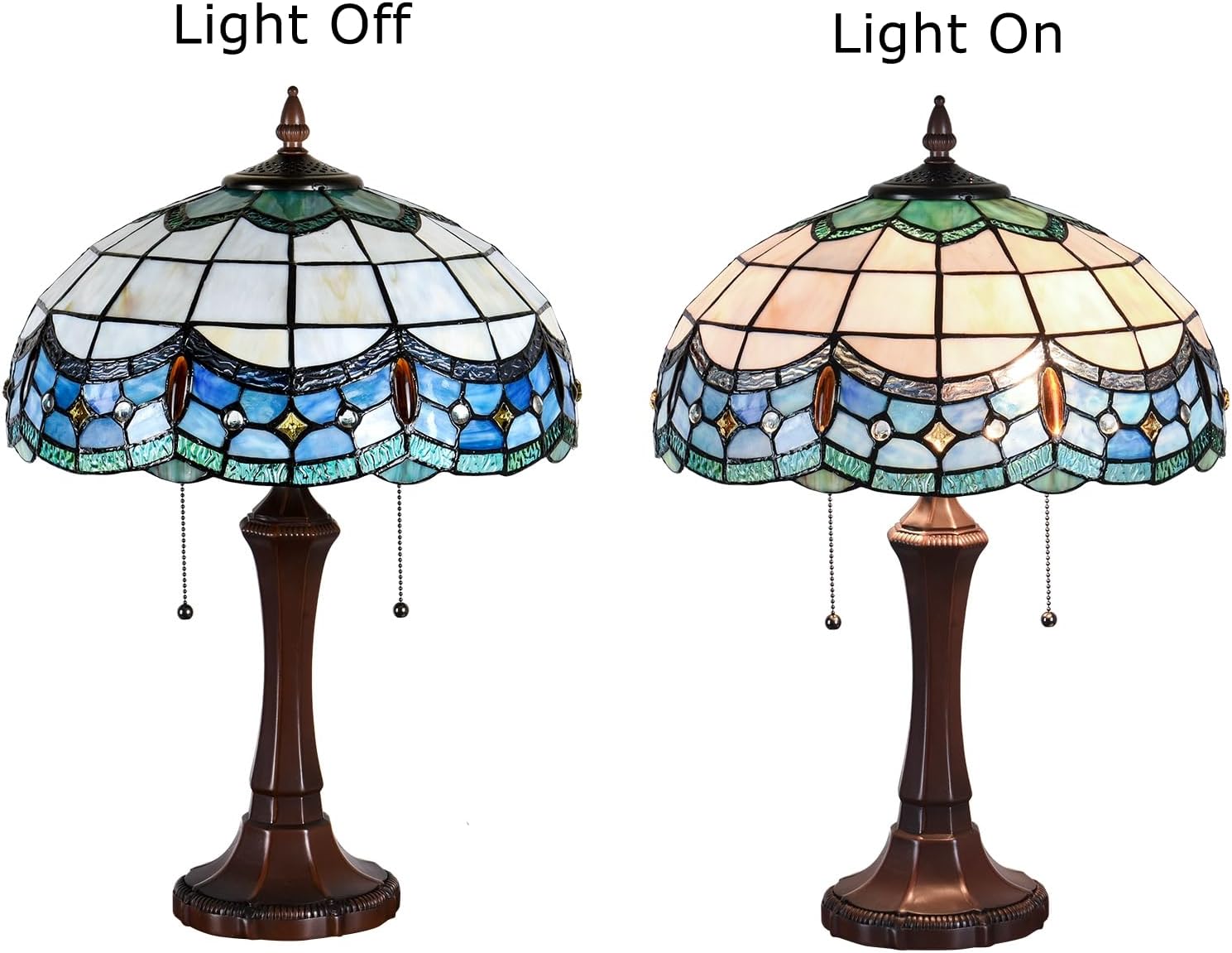 Tiffany Table Lamps 16' Wide Blue Stained Glass Bedside Lamp Victorian Reading 2 Lights Vintage Antique Desk Light Decor for Living Room Bedroom Home Office