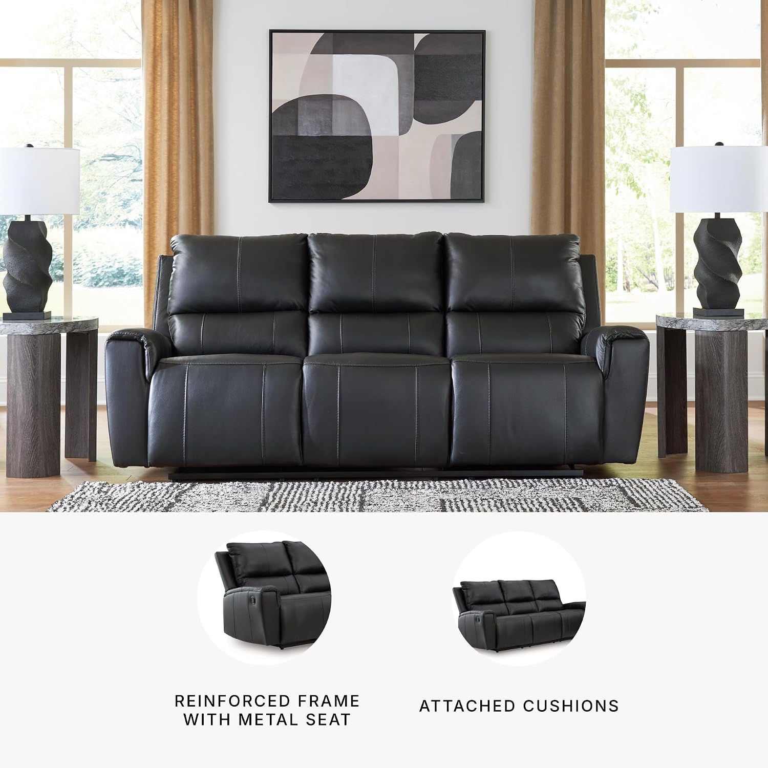 Signature Design by Ashley Glassmere Contemporary Dual-Sided Leather Match Reclining Sofa with Position Lock, Black