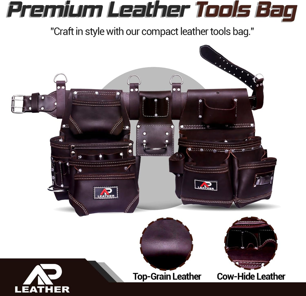 Tool Belt for Men – 4MM Full-Grain Geniune Leather | Brass Hardware | Foam-Padded Comfort Tool Pouch | 28-Pocket Carpenter & Framing Rig with Suspender Support | Waist Size 32' – 52'