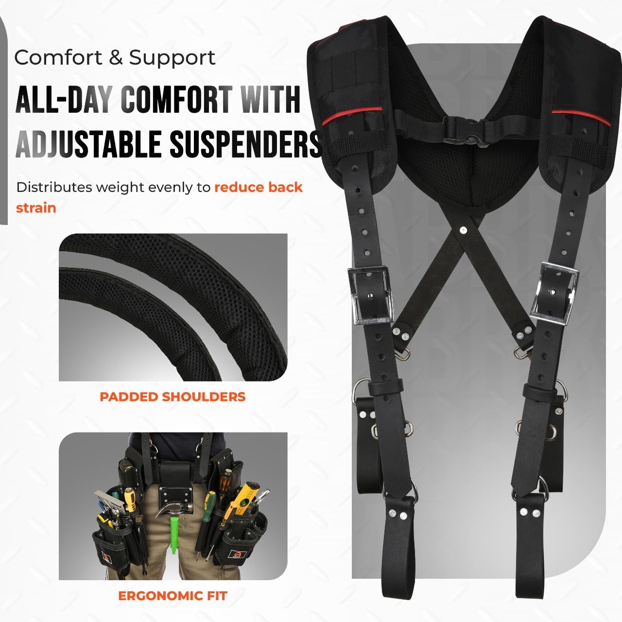 ABRIX Heavy Duty Tool Belt for Men – 4MM Thick Genuine Leather, Brass Buckle & Rivets | Foam Padded Comfort | 28-Pocket Carpenter & Framing Rig with Suspender | Work Belt Fit upto 32' to 52'