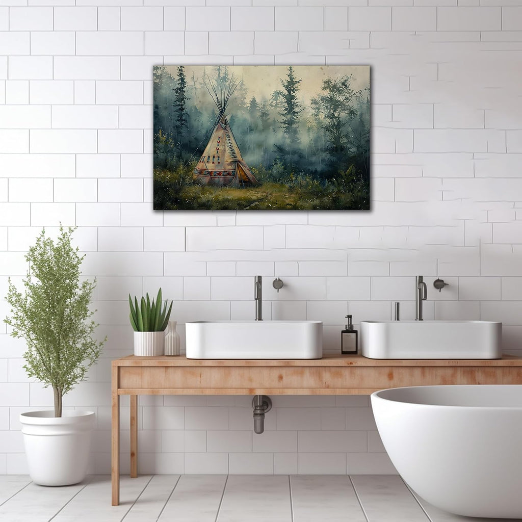 GUTTATY Native American Wall Decor for Bedroom - Native American Wolf Wall Art, Indian Tribal Camp Pictures Wall Art for Home Decor, Large Indian Art Canvas Print Framed 32x48''