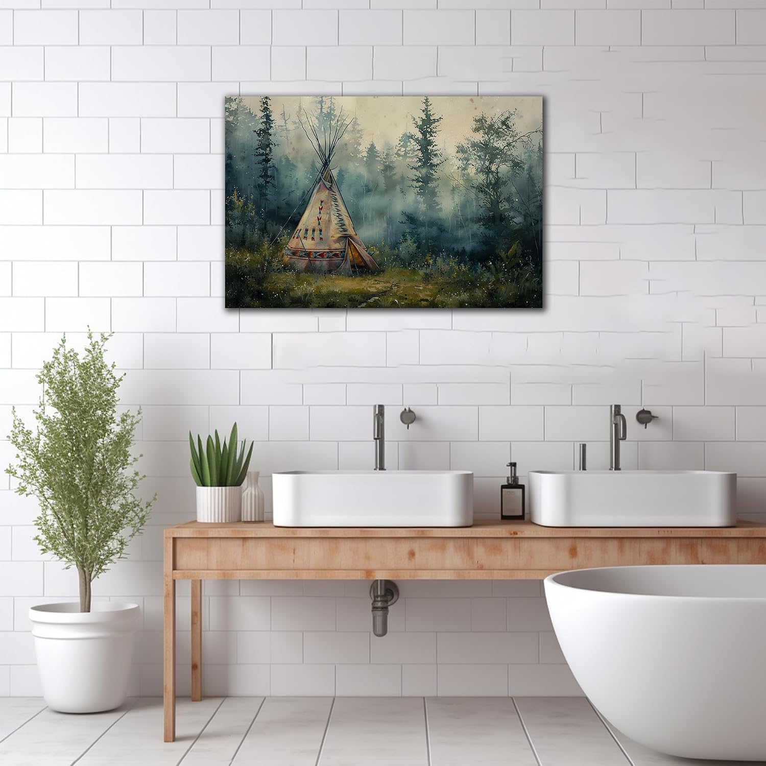 GUTTATY Native American Wall Decor for Bedroom - Native American Wolf Wall Art, Indian Tribal Camp Pictures Wall Art for Home Decor, Large Indian Art Canvas Print Framed 32x48''