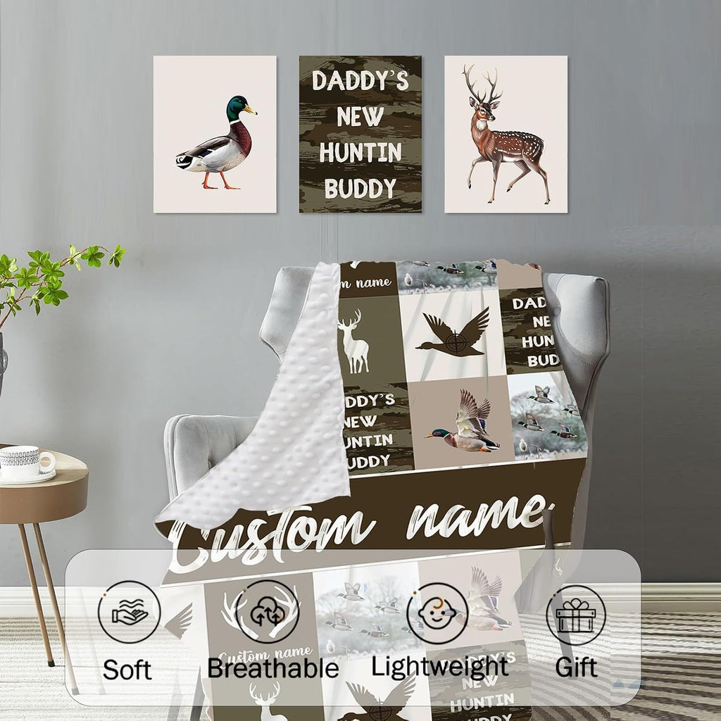 Personalized Crib Bedding Set for Baby Boys, Hunting Duck Pattern Custom Name Baby Crib Sets 5-Pcs, Double Layer Baby Blanket Fitted Sheet Changing Pad Cover Rug Wall Art Set