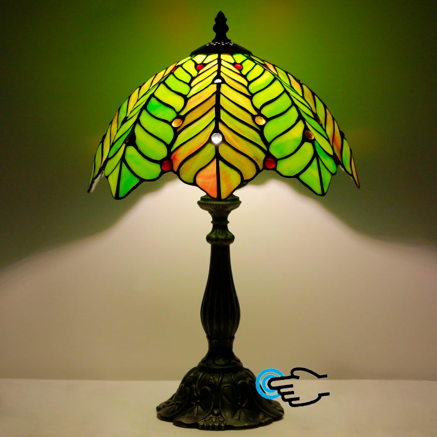 Tiffany Lamp Touch Control Table Lamp Brown Green Leaf Style Stained Glass Desk Lamp 12X12X19 Inches Reading Light