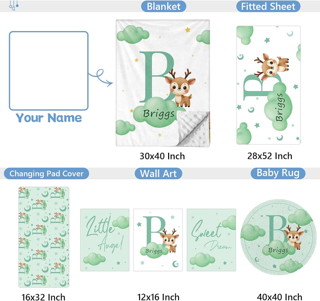 KAINSY Custom Crib Bedding Set, 5 Pcs Personalized Name Monogram Baby Crib Sets for Infants Toddlers, Green Deer Nursery Bedding Set for Boys Girls, Double Layer Baby Bedding Sets Customized Gifts