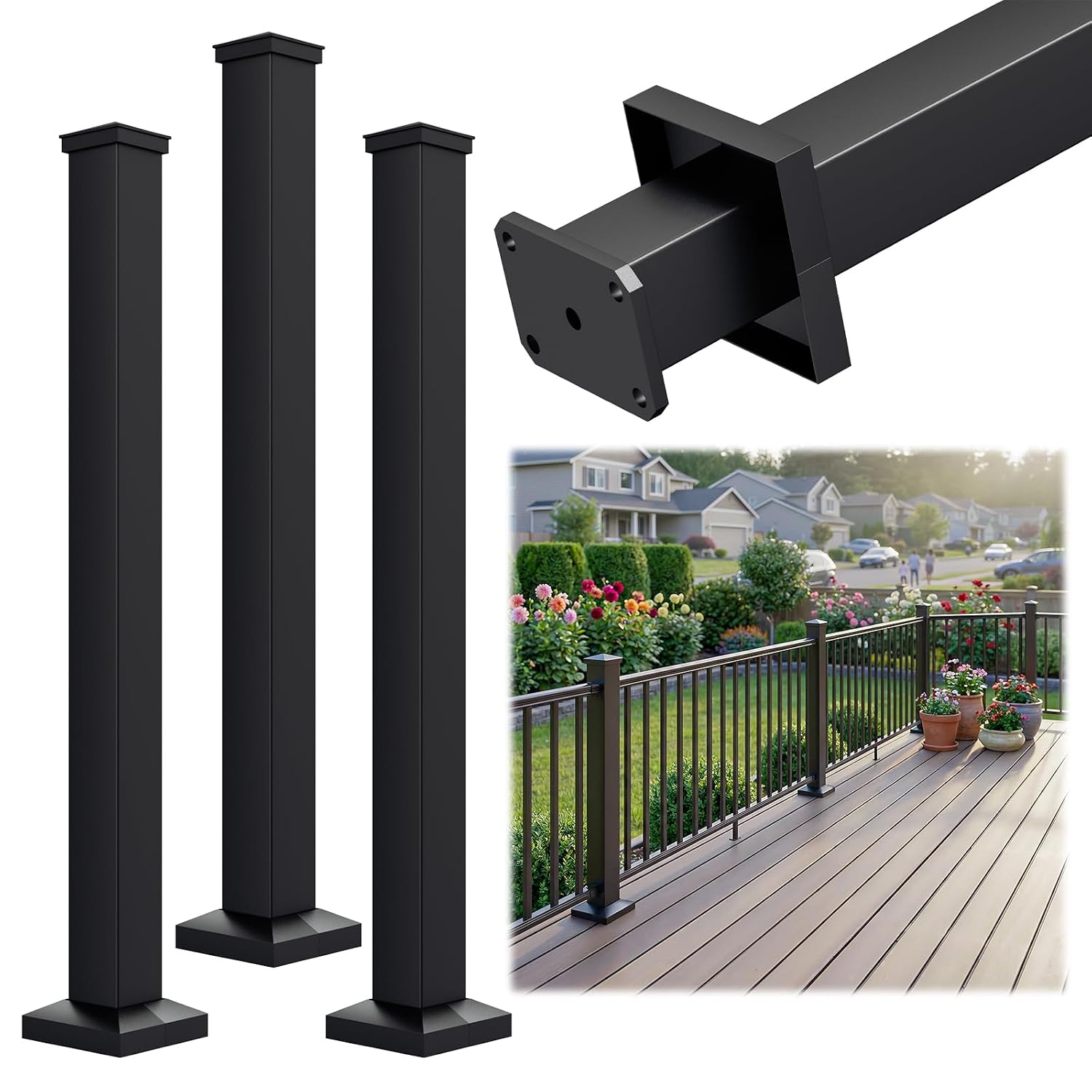 Egadis 3 Pack 3 in. x 3 in. x 39 in. Aluminum Railing Post, Porch and Deck Railing Post with Screws, Black Textured AAMA 2604 Powder-Coat Finish Stair Post for Decks, Porches & Balconies