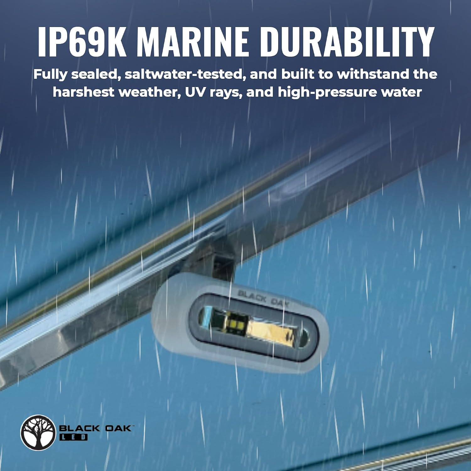 Black Oak Low Pro™ Waterproof Marine Spreader Lights – LED Deck or Dock Light Bar, 2000 Lumens, 120° Beam, IP69K, Bracket Mount (White Housing, Amber Halo)