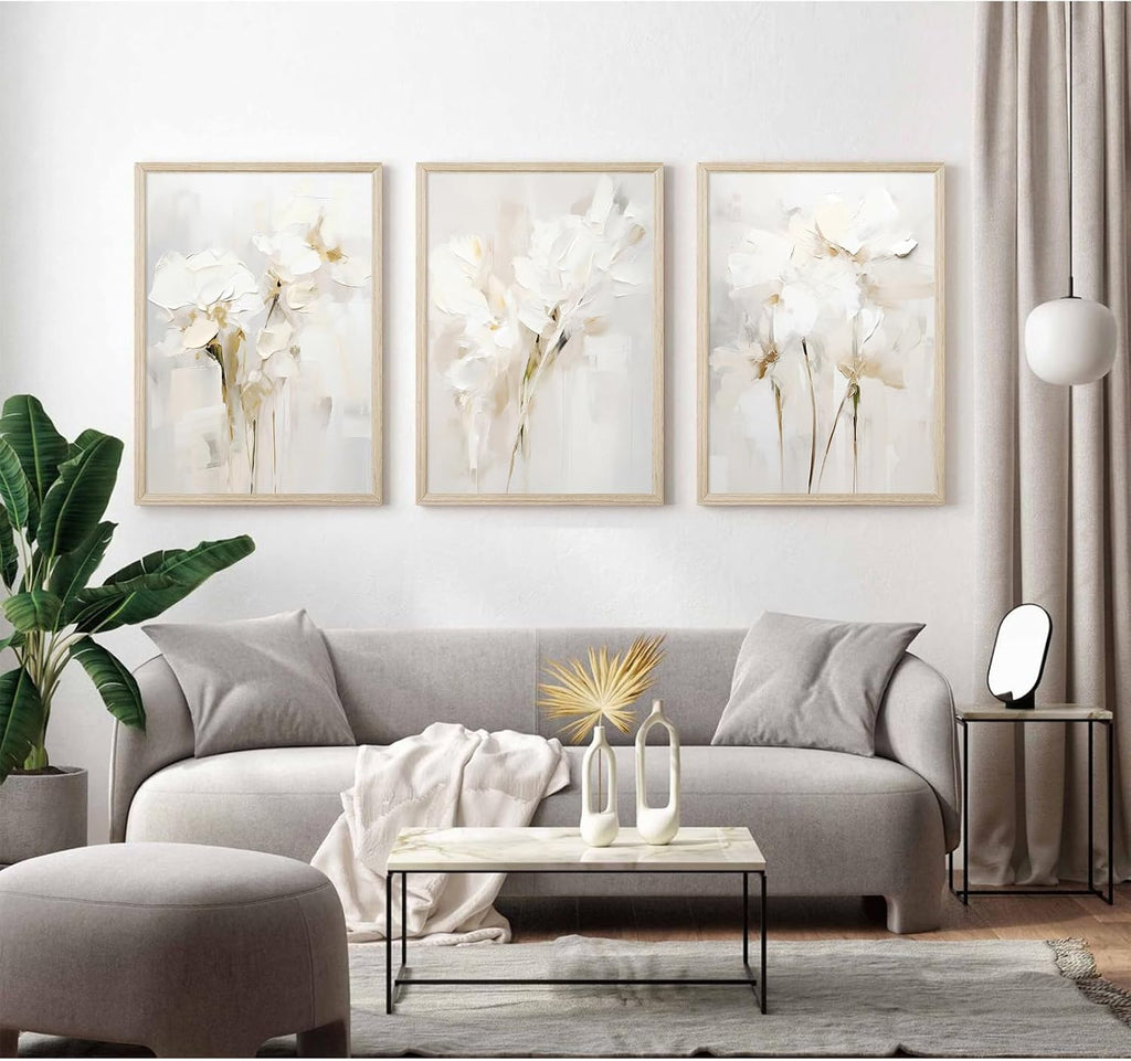 Neutral Wall Art Abstract Floral Canvas Pictures Beige Flower Wall Decor Modern Painting Minimalist Poster Abstract Botanical Prints White Artwork for Bedroom Living Room 24x36x3 Inch Wood Framed